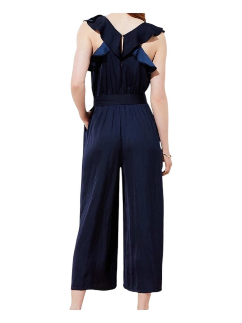 LOFT Women’s 10 Navy Blue Ruffle Wide Leg Jumpsuit NWT Belt Missing
